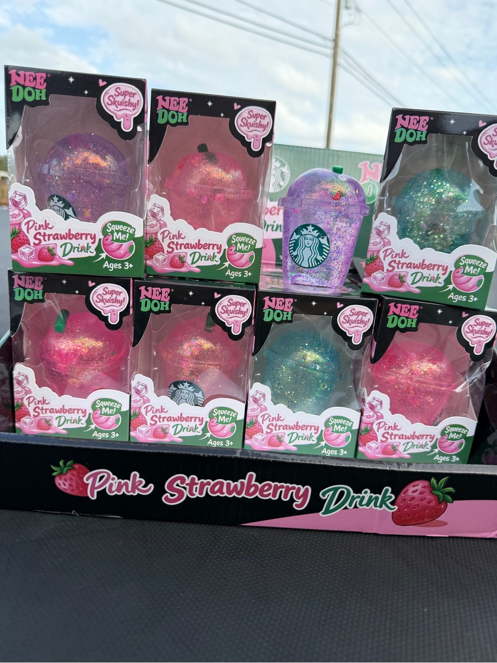 1 NeeDoh Pink Strawberry Drink Squishy Toy - Glittery Pink & Purple or blue